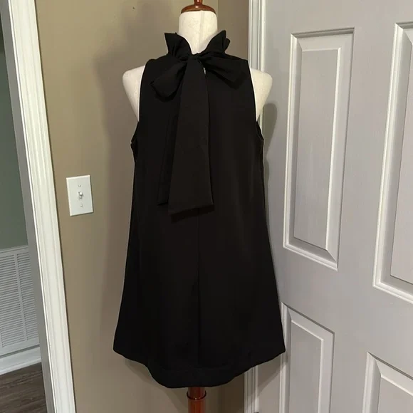 Umgee Ruffle Neck A-line Sleeveless Mini Dress with Bow Tie in Black - Picture 4 of 8